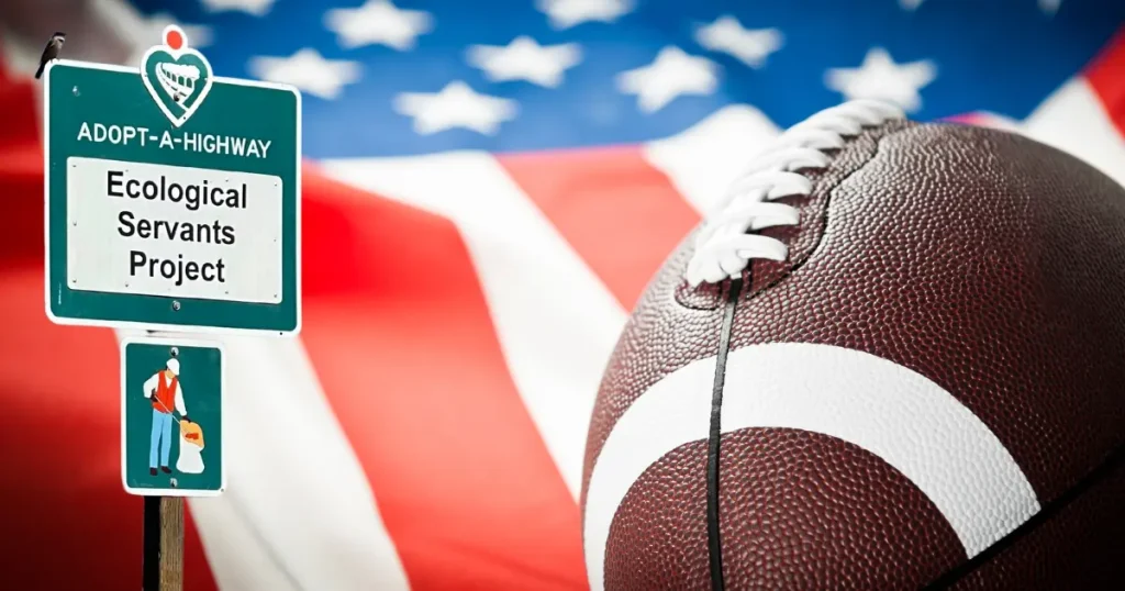 A football sits in front of an American flag with a green "Adopt-A-Highway" sign reading "Ecological Servants Project," symbolizing environmental responsibility and sustainability during Super Bowl LIX.