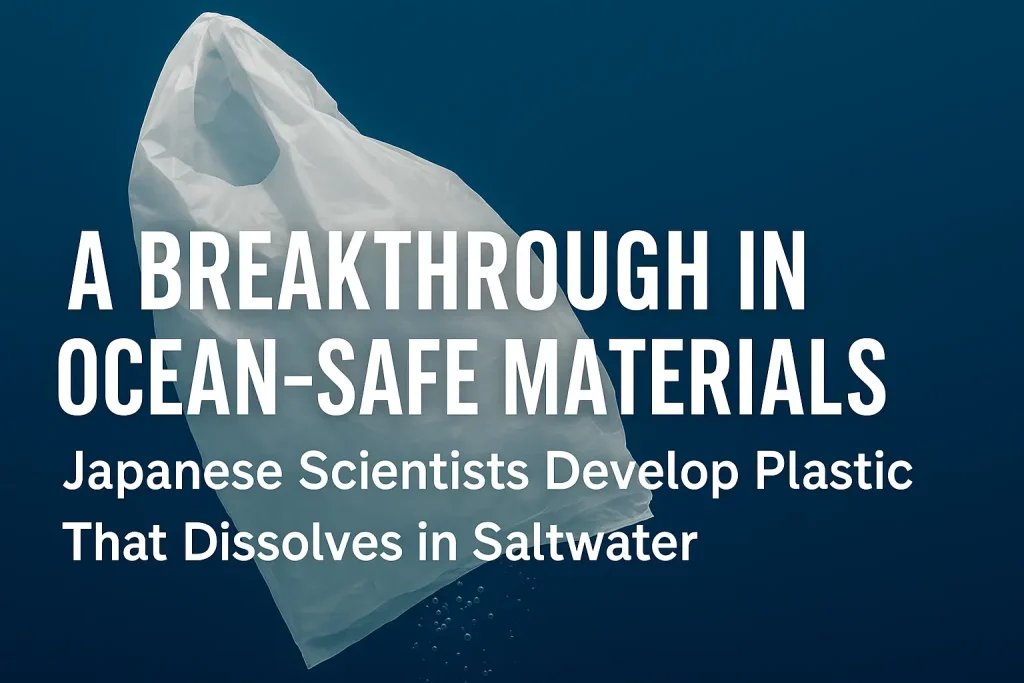 A digital graphic featuring a white plastic bag submerged in blue ocean water with bubbles rising, overlaid with bold text that reads, “A Breakthrough in Ocean-Safe Materials – Japanese Scientists Develop Plastic That Dissolves in Saltwater.”